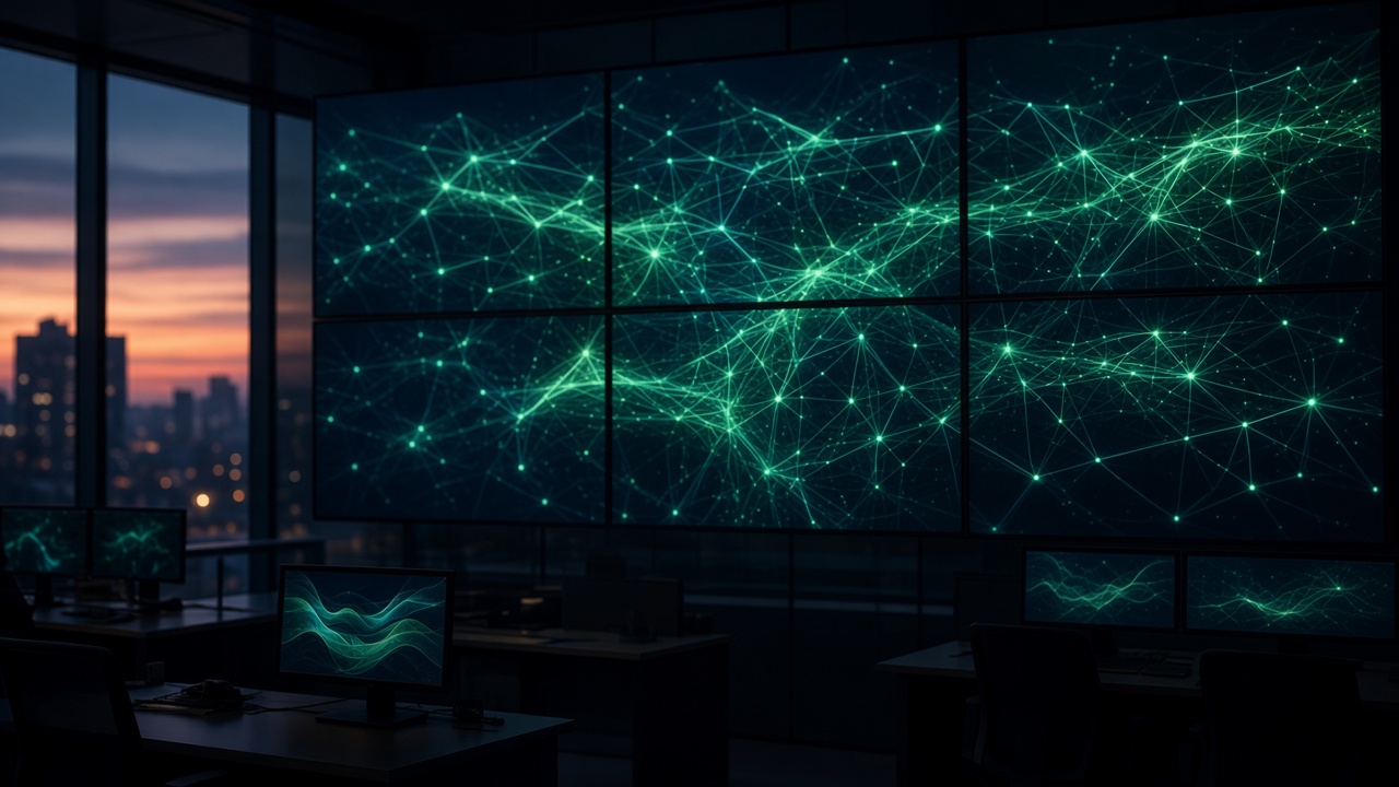 Muro de operaciones de red con enlaces luminosos