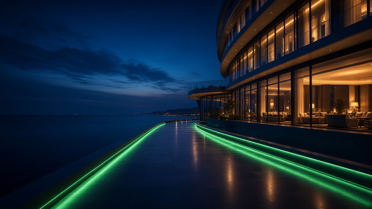 Hotel costero al atardecer, habitaciones iluminadas en la fachada