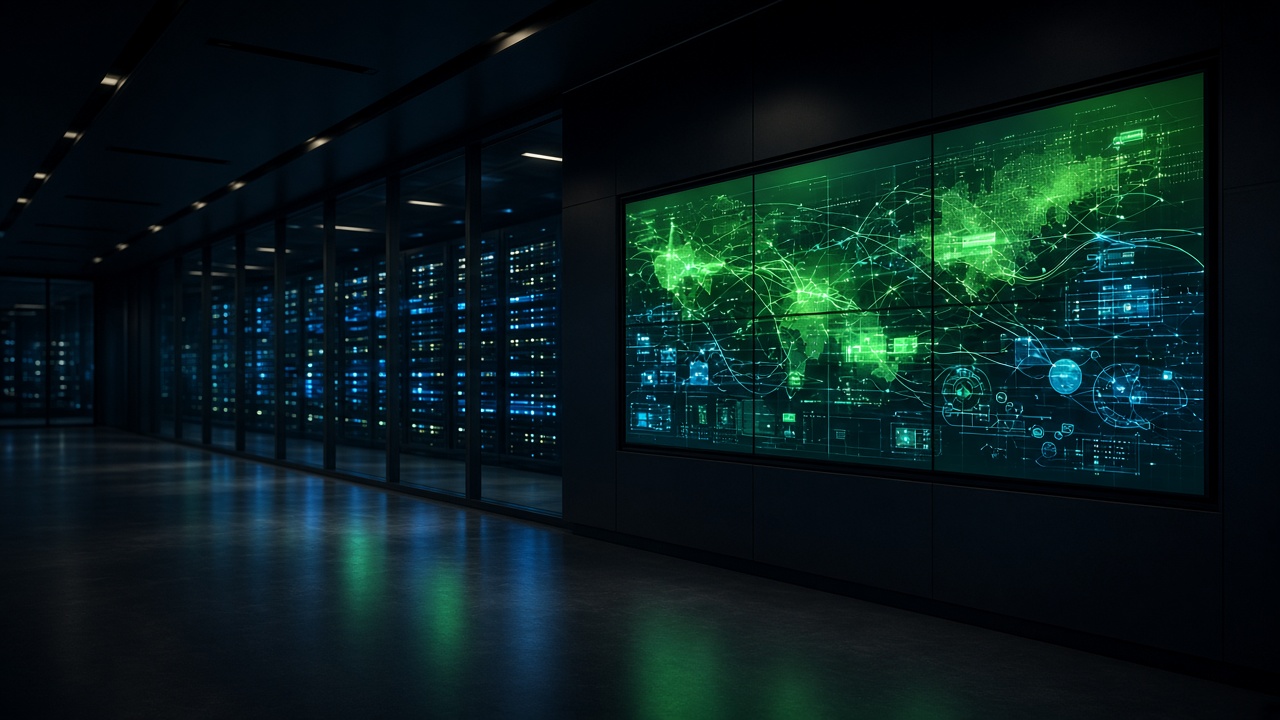Sala de operaciones de datos oscura bañada en luz esmeralda