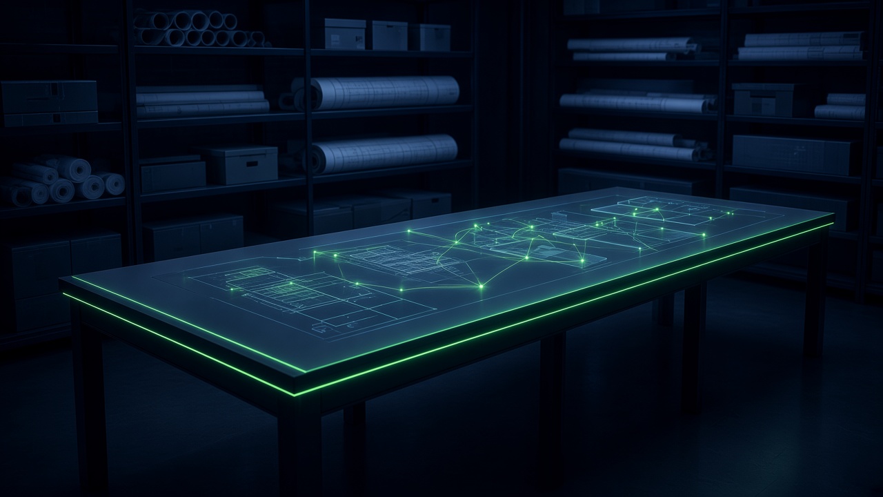Planos de arquitectura brillando sobre una mesa de luz