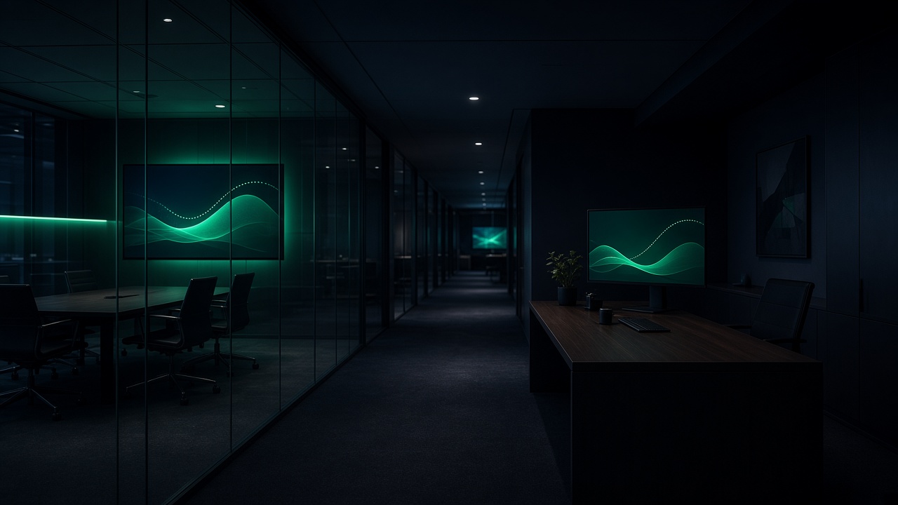 Planta de asesoría nocturna con gráficos verdes abstractos en cristal