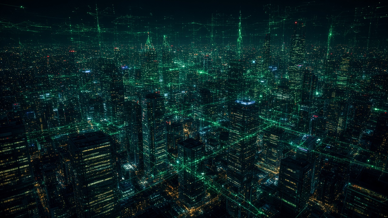 Skyline nocturno con superposición de red energética
